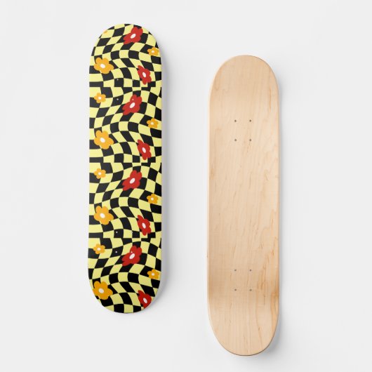 Groovy Daisy Floral Checkerboard, Y2K 90s Skateboard (Vorderseite)