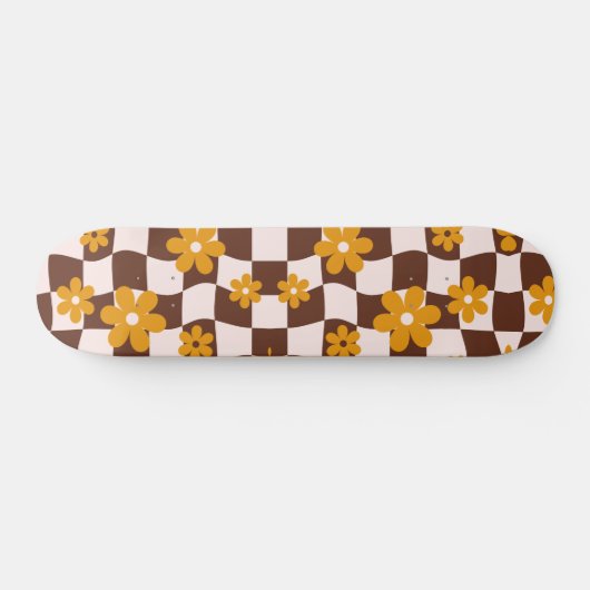 Groovy Daisy Floral Checkerboard, Y2K 90s Skateboard (Horizontal)