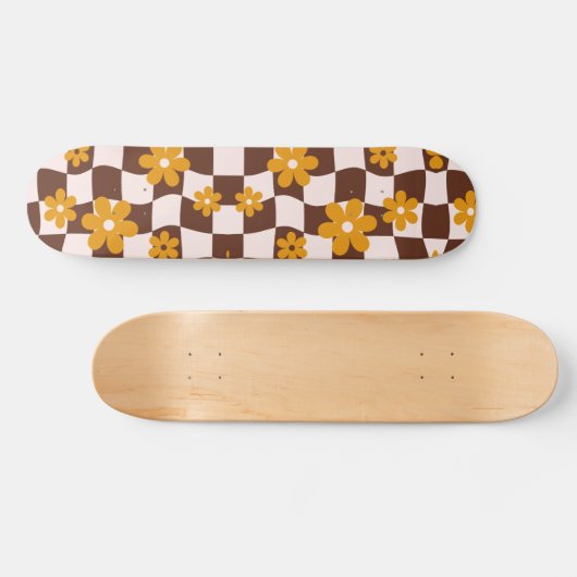 Groovy Daisy Floral Checkerboard, Y2K 90s Skateboard (Horizontal)