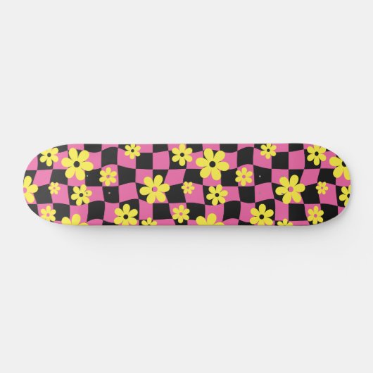 Groovy Daisy Floral Checkerboard, Y2K 90s Skateboard (Horizontal)