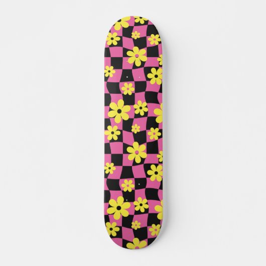 Groovy Daisy Floral Checkerboard, Y2K 90s Skateboard (Vorne)