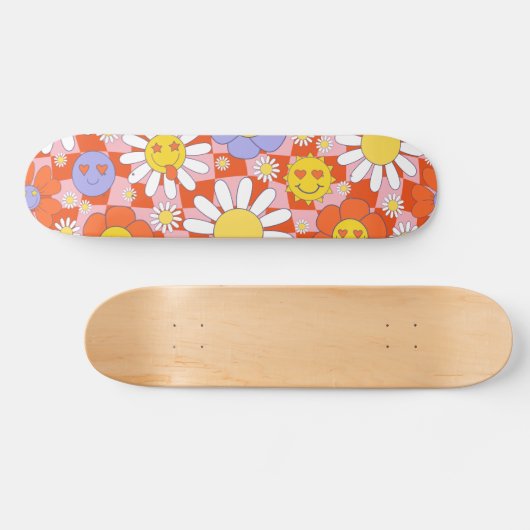 Groovy Daisy Floral Checkerboard, Y2K 90s Skateboard (Horizontal)