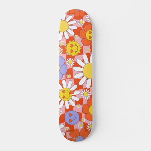 Groovy Daisy Floral Checkerboard, Y2K 90s Skateboard (Vorne)