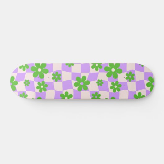 Groovy Daisy Floral Checkerboard, Y2K 90s Skateboard (Horizontal)