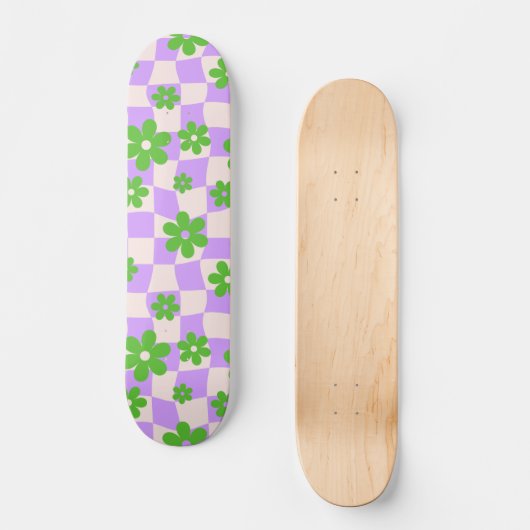 Groovy Daisy Floral Checkerboard, Y2K 90s Skateboard (Vorderseite)