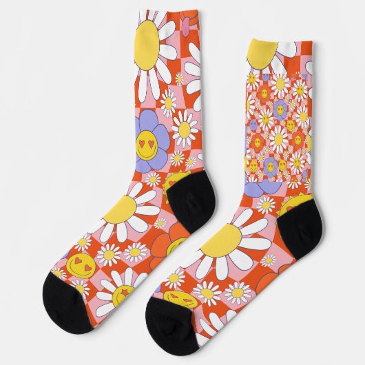 Groovy Daisy Floral Checkerboard, Y2K 90s Socken (Linkes Detail)