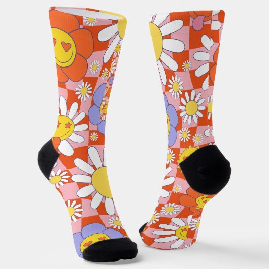 Groovy Daisy Floral Checkerboard, Y2K 90s Socken (Gewinkelt)