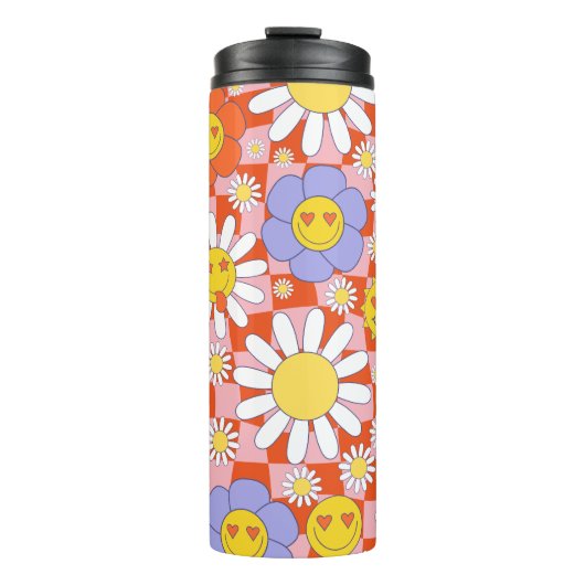Groovy Daisy Floral Checkerboard, Y2K 90s Thermosbecher (Vorderseite)