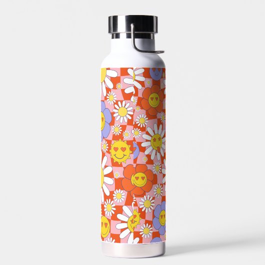 Groovy Daisy Floral Checkerboard, Y2K 90s Trinkflasche (Links)