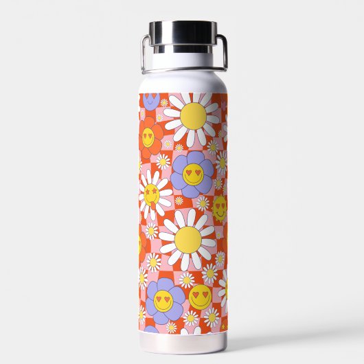 Groovy Daisy Floral Checkerboard, Y2K 90s Trinkflasche (Rückseite)