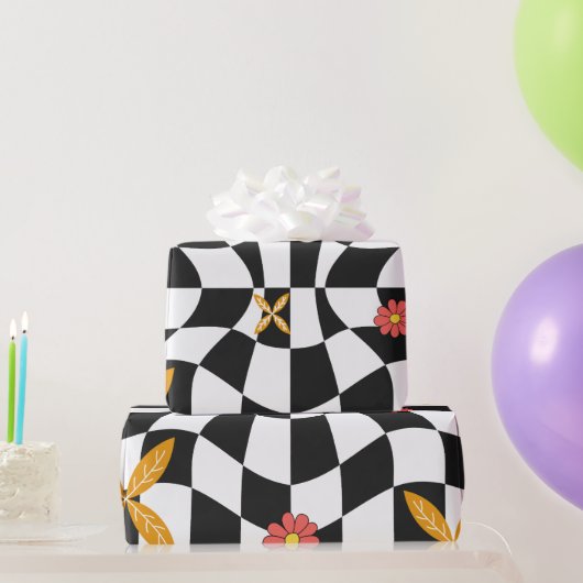 Groovy Daisy Floral Checkerboard, Y2K 90s Wrappin Geschenkpapier (Partygeschenke)