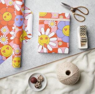 Groovy Daisy Floral Checkerboard, Y2K 90s Wrappin Geschenkpapier