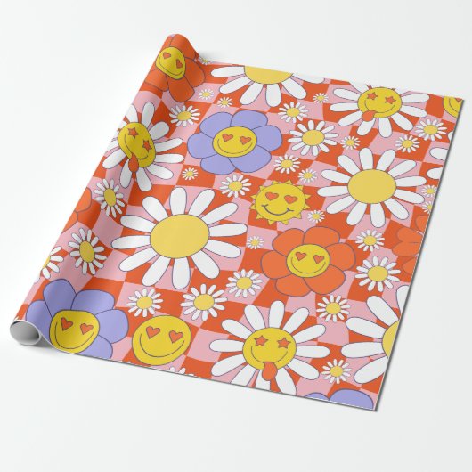 Groovy Daisy Floral Checkerboard, Y2K 90s Wrappin Geschenkpapier (Ungerollt)
