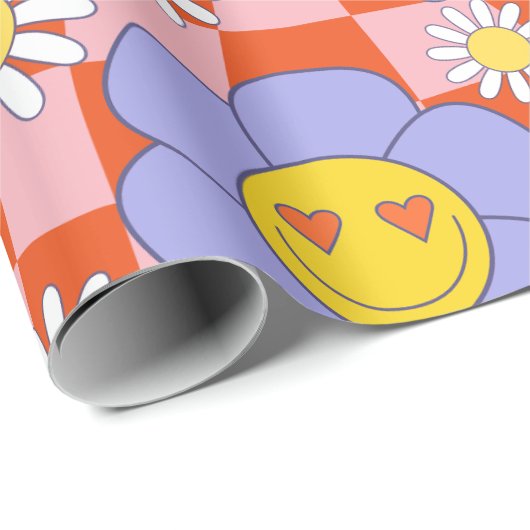 Groovy Daisy Floral Checkerboard, Y2K 90s Wrappin Geschenkpapier (Rolleneckpunkt)