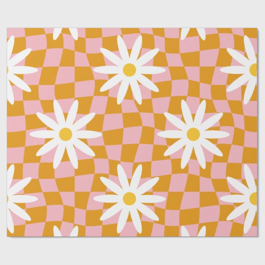 Groovy Daisy Floral Checkerboard, Y2K 90s Wrappin Geschenkpapier (Flach)