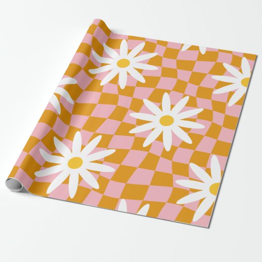 Groovy Daisy Floral Checkerboard, Y2K 90s Wrappin Geschenkpapier (Ungerollt)