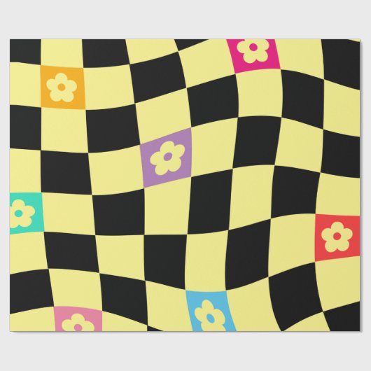 Groovy Daisy Floral Checkerboard, Y2K 90s Wrappin Geschenkpapier (Flach)