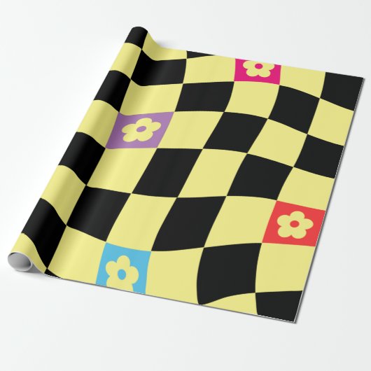 Groovy Daisy Floral Checkerboard, Y2K 90s Wrappin Geschenkpapier (Ungerollt)