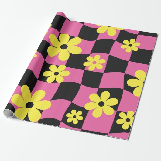 Groovy Daisy Floral Checkerboard, Y2K 90s Wrappin Geschenkpapier (Ungerollt)