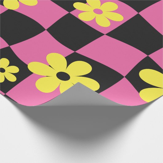 Groovy Daisy Floral Checkerboard, Y2K 90s Wrappin Geschenkpapier (Ecke)