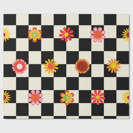 Groovy Daisy Floral Checkerboard, Y2K Geschenkpapier (Flach)