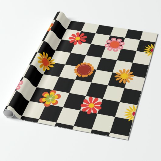 Groovy Daisy Floral Checkerboard, Y2K Geschenkpapier (Ungerollt)