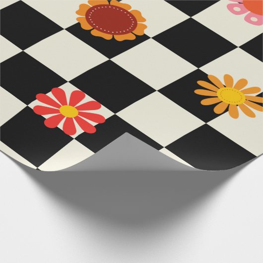 Groovy Daisy Floral Checkerboard, Y2K Geschenkpapier (Ecke)