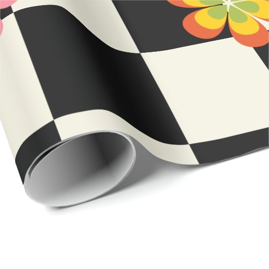 Groovy Daisy Floral Checkerboard, Y2K Geschenkpapier (Rolleneckpunkt)