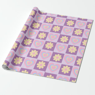 Groovy Daisy Floral Heart Checkerboard, Y2K 90s Geschenkpapier
