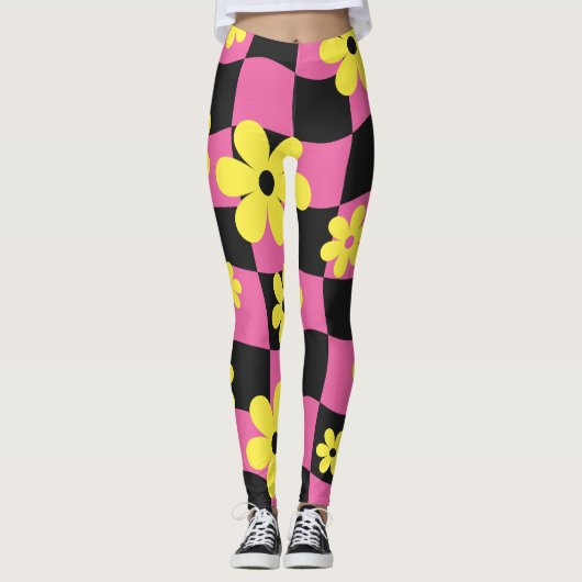 Groovy Daisy Floral Heart Checkerboard, Y2K 90s Leggings (Vorderseite)