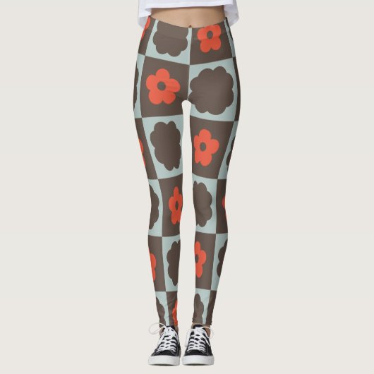 Groovy Daisy Floral Heart Checkerboard, Y2K 90s Leggings (Vorderseite)