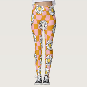Groovy Daisy Floral Heart Checkerboard, Y2K 90s Leggings