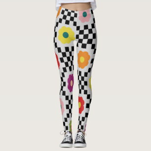 Groovy Daisy Floral Heart Checkerboard, Y2K 90s Leggings