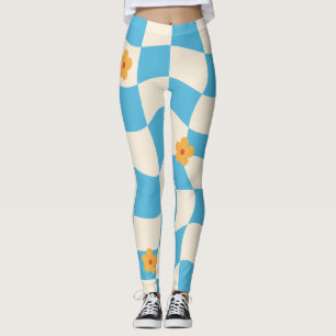 Groovy Daisy Floral Heart Checkerboard, Y2K 90s Leggings