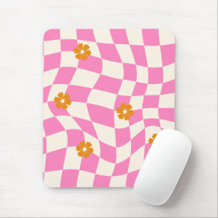 Groovy Daisy Floral Heart Checkerboard, Y2K 90s Mousepad