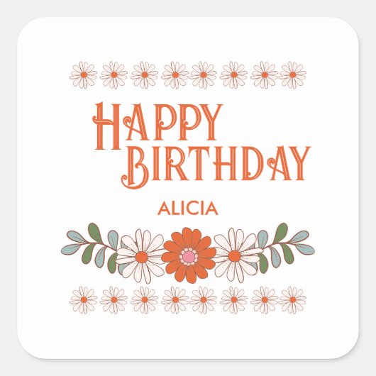 Groovy Daisy Hippie Flora Leaf Happy Birthday Quadratischer Aufkleber (Vorderseite)