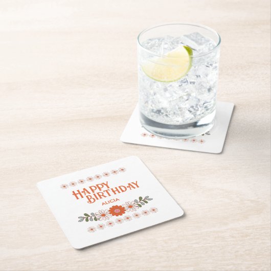 Groovy Daisy Hippie Flora Leaf Happy Birthday Rechteckiger Pappuntersetzer (Vor Ort)