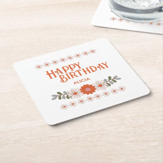 Groovy Daisy Hippie Flora Leaf Happy Birthday Rechteckiger Pappuntersetzer (angewinkelt)