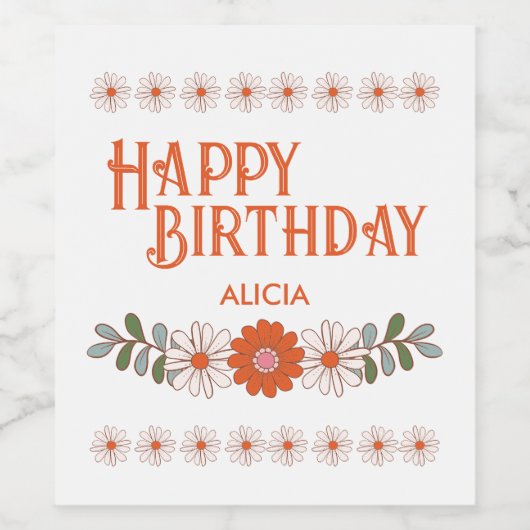 Groovy Daisy Hippie Flora Leaf Happy Birthday Weinetikett (Einzelnes Label)