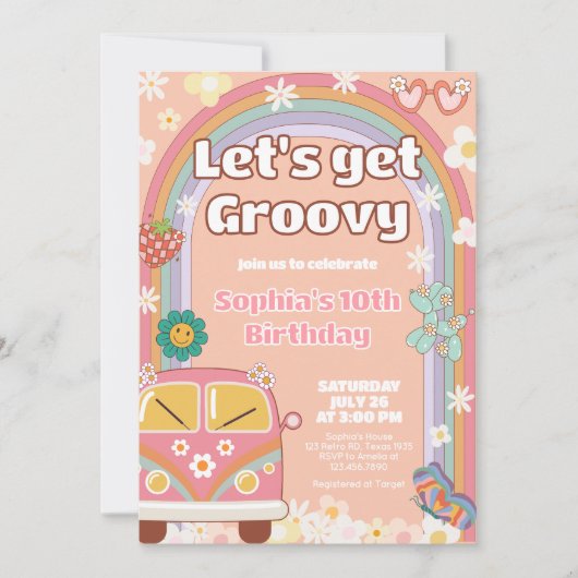 Groovy Daisy Rainbow Birthday Party Einladung (Vorderseite)