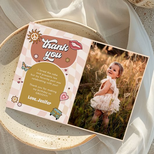 Groovy Daisy Retro 1. Geburtstag Party Foto Dankeskarte