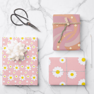 Groovy Daisy Retro Pink Wrapping Paper Geschenkpapier Set