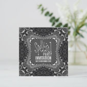 Groovy Damask Drehung Schwarz-weiße Party Einladun Einladung (Stehend Vorderseite)