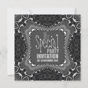 Groovy Damask Twist Schwarz Weiße Party-Einladunge Einladung