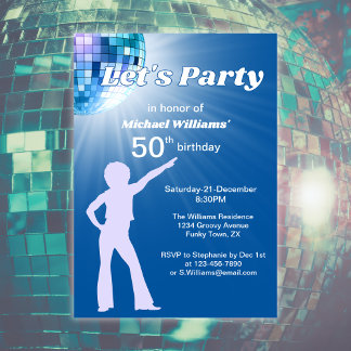 Groovy Disco Ball Blue Mans 50. Geburtstag Einladung