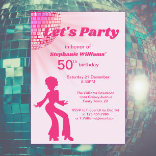 Groovy Disco Ball Pink Lila Frauen 50. Geburtstag Einladung