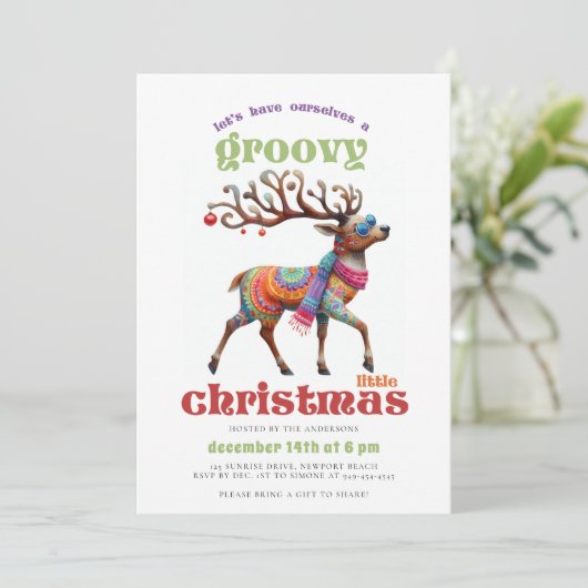 Groovy Disco Hippie Reindeer Funny Christmas Party Einladung (Stehend Vorderseite)