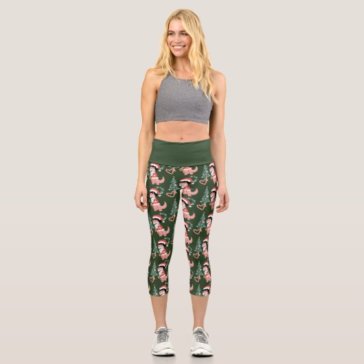 Groovy Disco Weihnachtsbaum Dinosaurier Capri Leggings (Vorderseite)