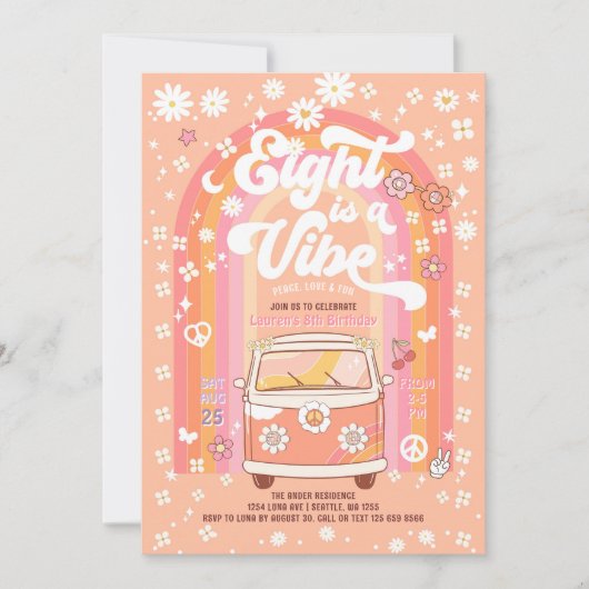 Groovy Eight ist ein Vibe Van Bus zum 8. Geburtsta Einladung (Vorderseite)