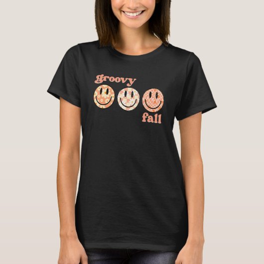Groovy Fall Happy Face Retro Blume Schachbrett T-Shirt (Vorderseite)